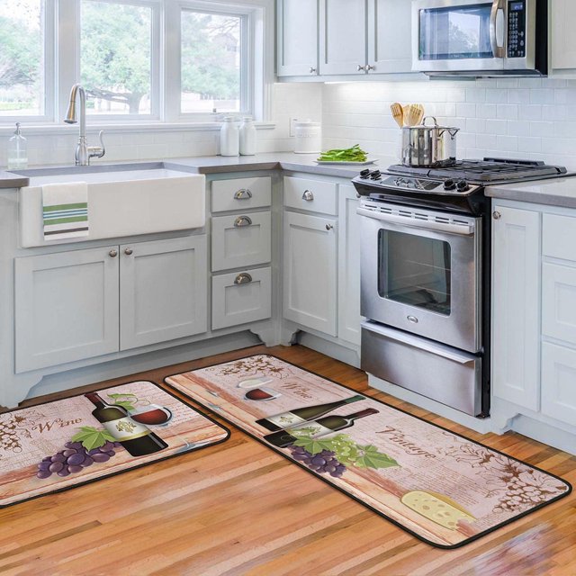 Wine Kitchen Rugs and Mats Non Skid Washable, Non-Slip Backing Kitchen Rug Set of 2 for Floor, Kitchen Decor Runner Rug Sets for Kitchen (17"x47.2"+17"x30", Wine)