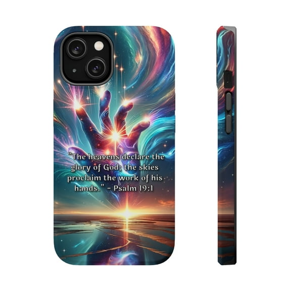 DistinctInk Tough Case for Apple iPhone 15 (6.1" Screen), Compatible with MagSafe Charging - "The Divine Revelation: Psalm 19:1 Unveiling Heavenly Magnificence"