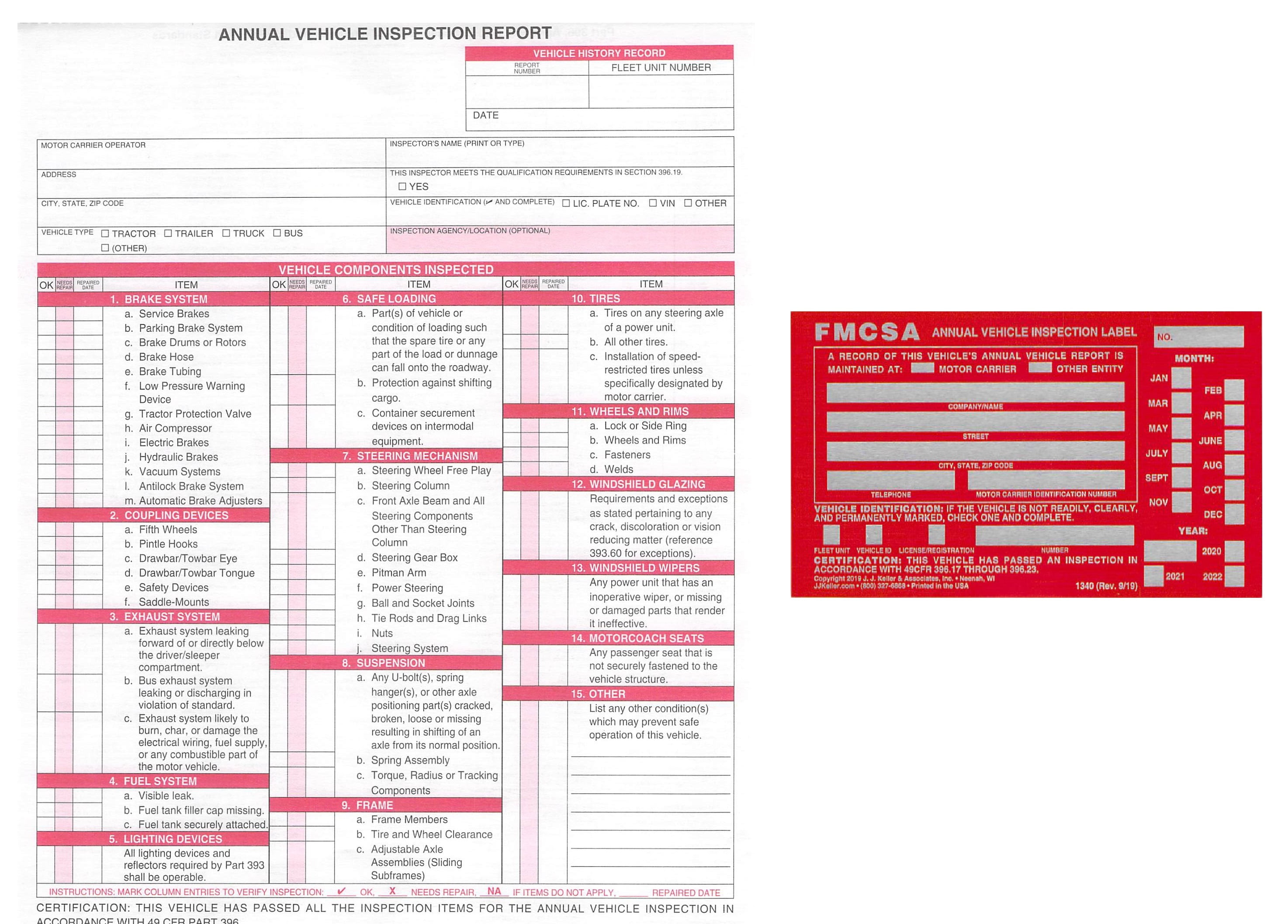 Bundle Lot 1 Each J.J. Keller 3128 ( 400-FS-C3 ) Annual Vehicle Inspection Report + 1340 ( 54SN ) Label