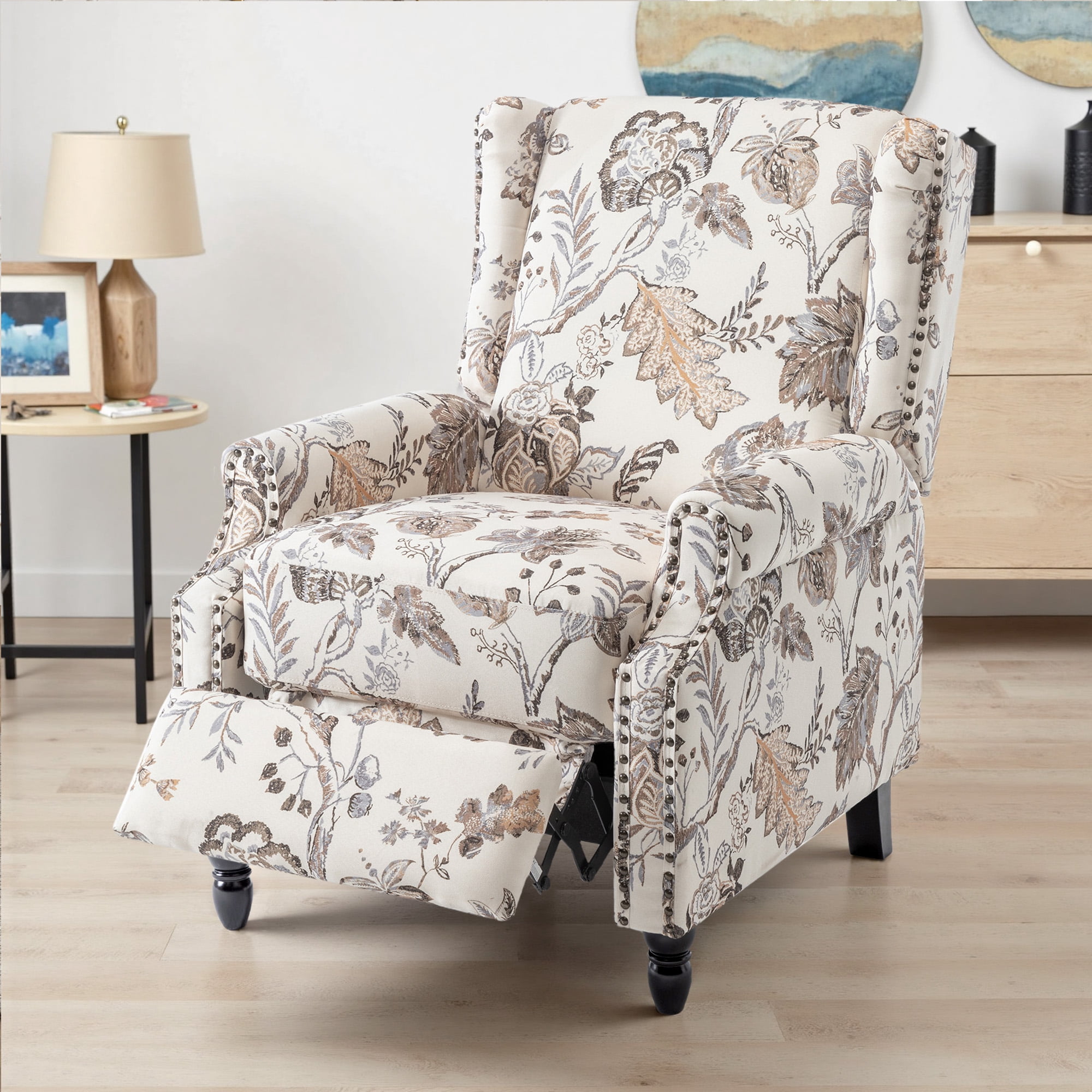 UIXE Floral Pushback Recliner Chair, Fabric Upholstered Armchair Push Back Accent Chair for Living Room, Rivet Trim Club Chair Home Theater Single Sofa Reading Seat, Plants Beige