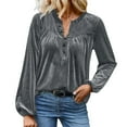 thumbnail image 7 of Women's Velvet Tops with Pleats Dressy Casual Button Up V Neck Blouse Loose Fit Long Sleeve Office Work Shirts (XL, Gray), 7 of 7