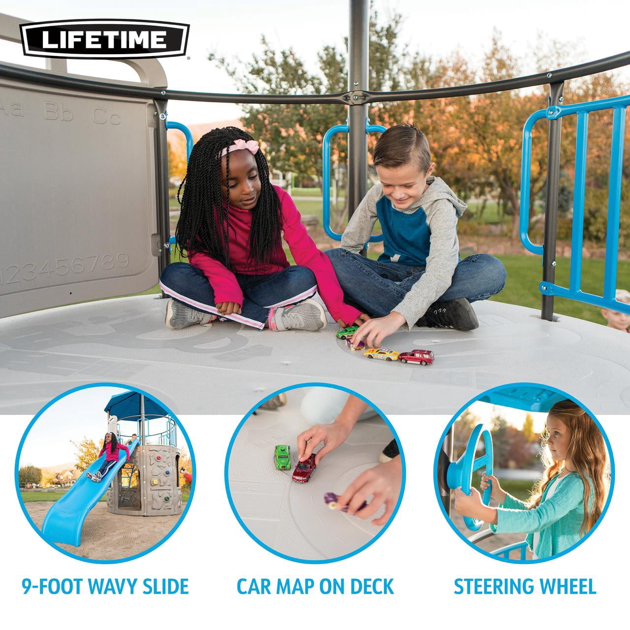 Lifetime Kid's Adventure Tower Swing Set with Slide, Belt Swings and Climbing Wall - Blue(91208)