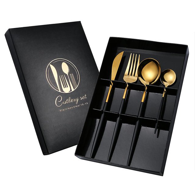 Juego de cubiertos de acero inoxidable de 4 piezas para el hogar, cocina, restaurante, juego de cubiertos con caja de regalo, cuchillo, pastel, tenedor, cucharadita, negro, dorado, Banban LingWen 8390612730764