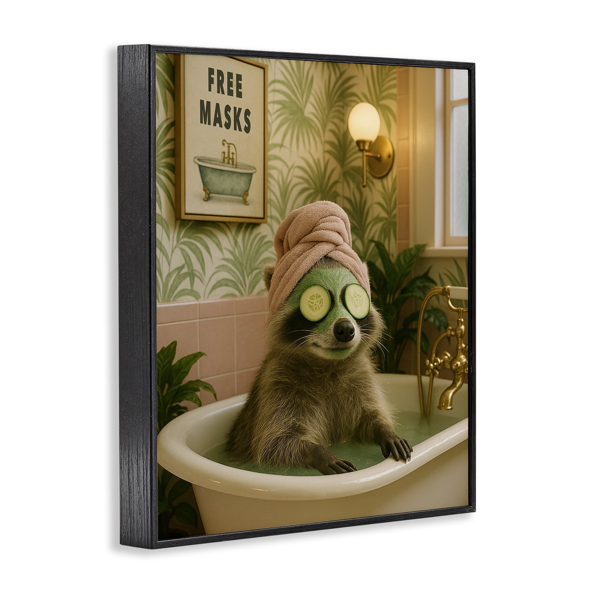Stupell Industries Raccoon Spa Day Bath Black Framed Giclee Art, design by Grotto Studios