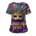 thumbnail image 3 of Mardi Gras Scrub Tops for Women Mask Print V Neck Carnival Scrubs Feathers Print Sparkly Short Sleeve Gold Uniform with Pockets Bronze XL, 3 of 4