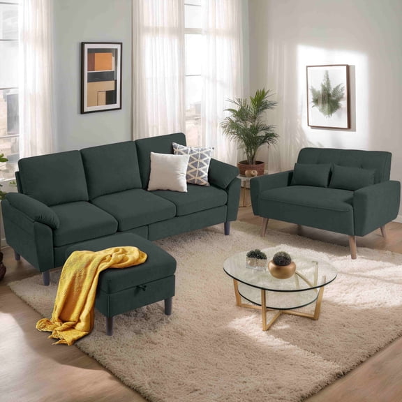 Pingliang Home Sectional Sofa Furniture Set, L Shaped Couch with Storage Ottoman & Loveseat with 2 Throw Pillows, Modern Linen 3 Seat Sofa and 2 Seat Couch for Living Room Apartment Office Studio