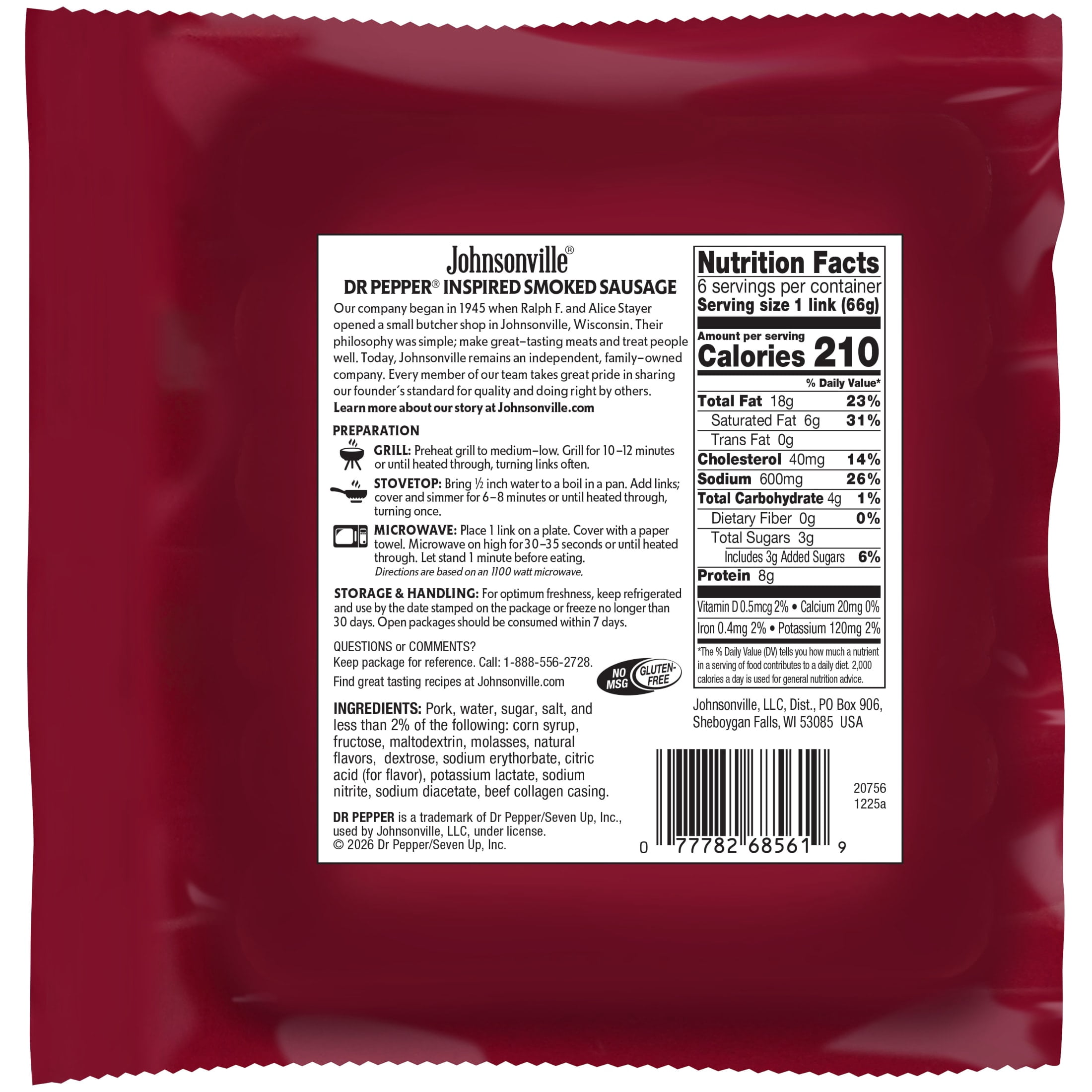 Johnsonville Dr Pepper Pork Sausage Links, Cooked, Refrigerated, 14oz Package