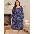 thumbnail image 3 of FEREMO Womens Plus Size Nightgowns Long Sleeve Crew Neck Pleated Night Dress Printed Sleepwear with Pockets, 3 of 9