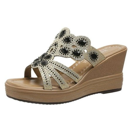 

MIASHUI Summer Sandals for Women 2024 Women s Wedge High Heel Sandals Crystal Strap Diamond Wedge Sandals Black 7