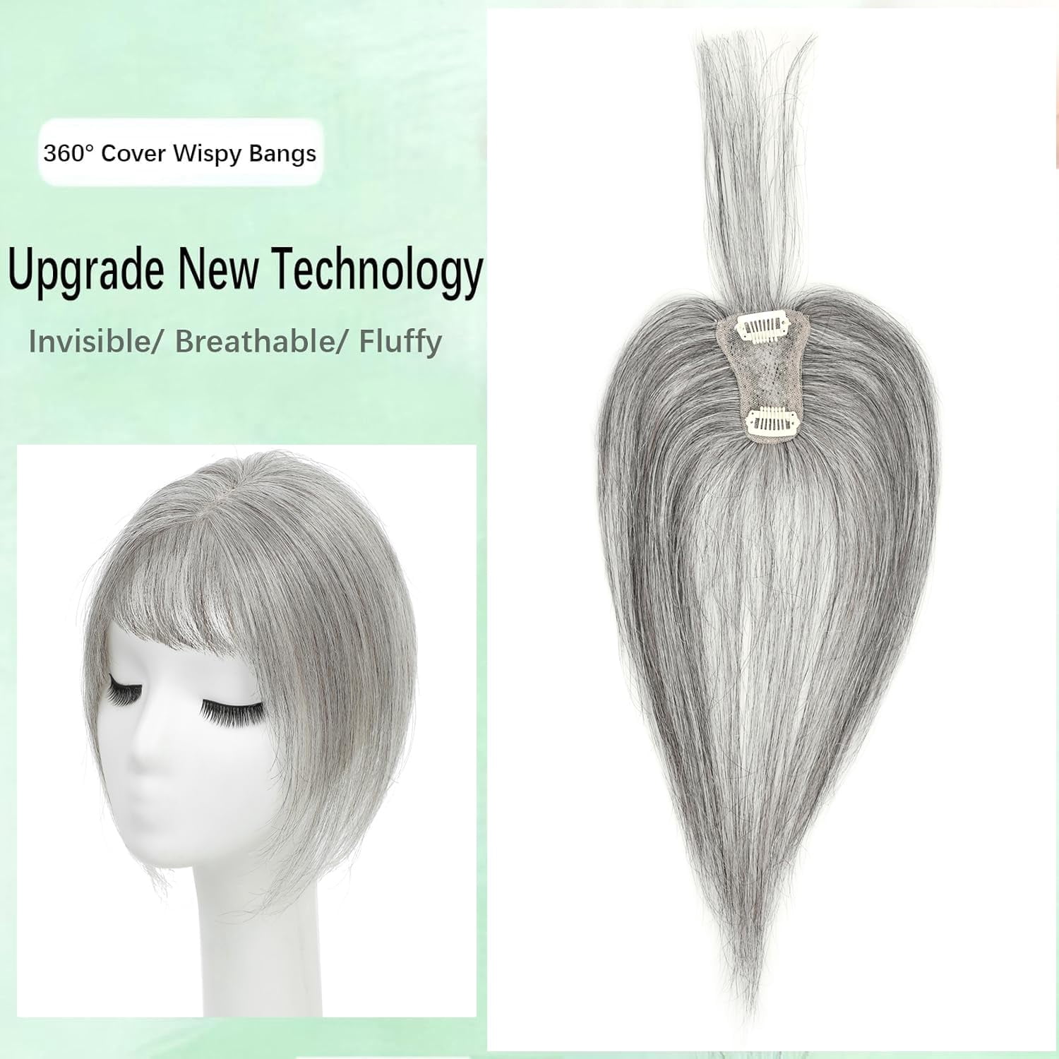 Bangs Hair Clip, Clip in Bangs Hair Toppers for Women 100% Real Human Hair, Clip on Bangs 360° 3D Cover Wispy Fake Clip in Hair Extensions for Women Daily (Grey, 3D 5 * 7 Wipsy Bangs)