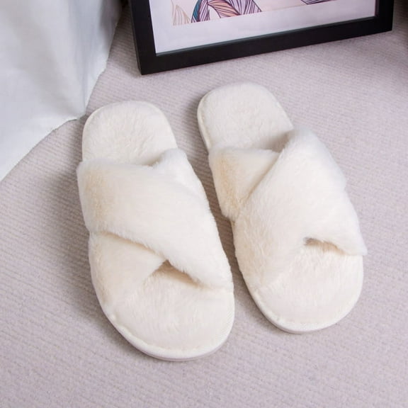 SSKDBFJG Women's Fuzzy Slippers Cross Band Memory Foam House Slippers Open Toe
