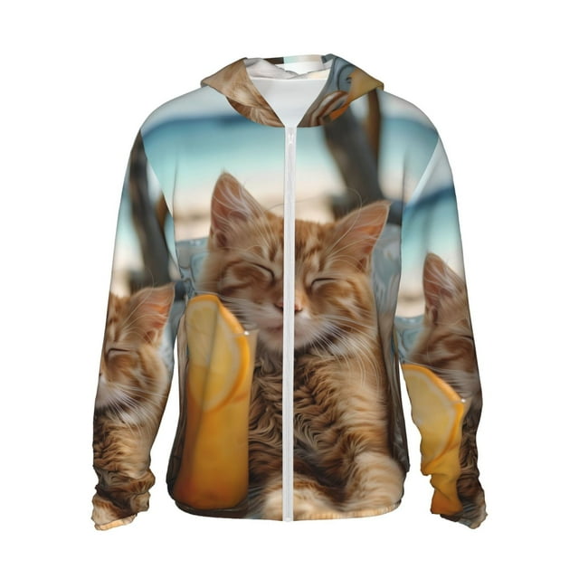Daiia Chat Relaxant avec Motif de Jus d'Orange UPF 50+ Veste à Capuche Protection Solaire Légère à Manches Longues pour Femmes Hommes avec Poche Randonnée Extérieur-Grand