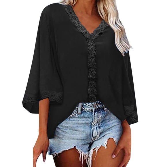 MIASHUI Women's V-Neck Flare Sleeve Lace Blouse, Casual Loose Fit Shirt for Spring and Summer, Comfortable Top with Ruffle Detail, Elegant Wear Black,XXL