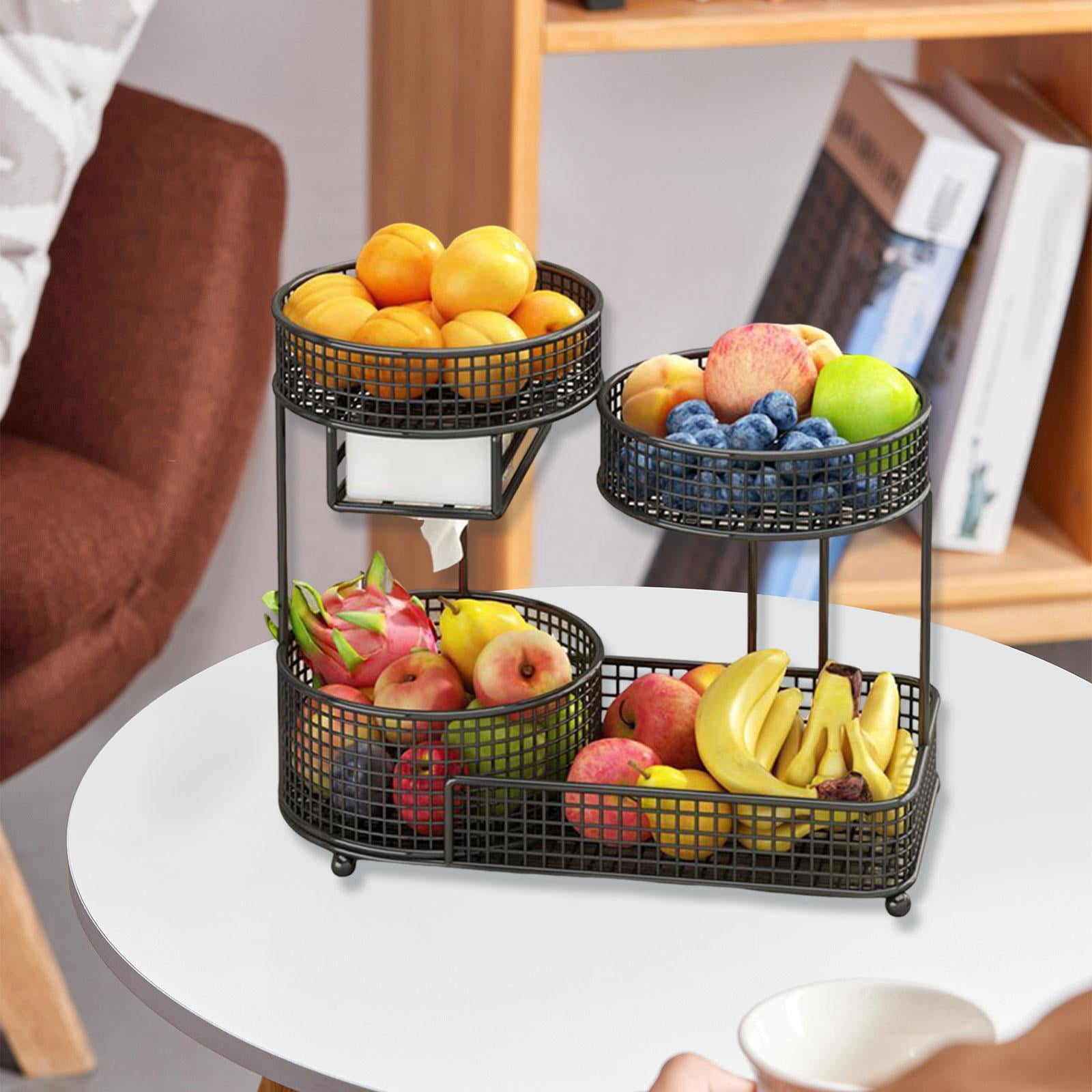 Fiocias 3-Tier Kitchen Fruit Basket, Large Capacity, Vegetable Basket with Tissue Holder Black