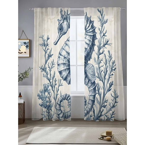 Navy Blue Seahorse Coastal Sheer Curtains for Living Room Bedroom Beach Botanical Farmhouse Sheer Curtains 84 Inch Long 2 Panels Set Light Filtering Curtain Window Treatments Drapes for Dining Room