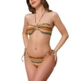 thumbnail image 4 of Conjuntos de bikini de patrón de ondas a rayas en bloques de color para mujer, 2 piezas, parte superior tipo halter y parte inferior triangular, trajes de baño grandes en naranja y amarillo, 4 of 5