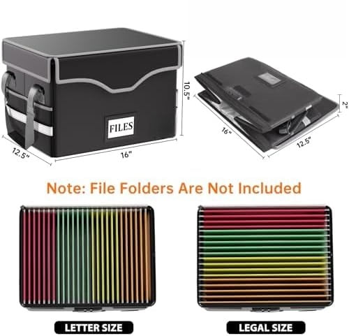 5200°F Fireproof Document Box with Lock,Heat Insulated File Organizer Storage with Pockets,Collapsible Portable Home Office File Safe Box with Handle for Hanging Letter/Legal Folders, Black