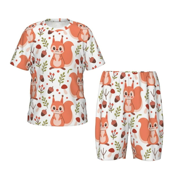 Fotbe Squirrel And Pijama Estampada de 2 Piezas para Niños – Ropa de Dormir de Manga Corta Cómoda para Niños y Niñas, Camiseta y Shorts de Algodón-Small