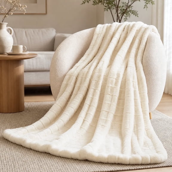 Cozy Bliss Reversible Faux Rabbit Fur Throw Blanket for Couch, Sculpted Texture, Cream White, 50 x 60 inches