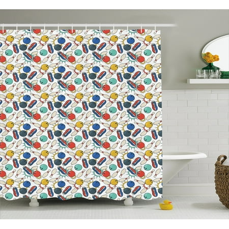 Bowling Shower Curtain, Color Doodle Design on Notebook Sheet Backdrop Ball Pins and Shoes in Retro Style, Fabric Bathroom Set with Hooks, 69W X 84L Inches Extra Long, Multicolor, by