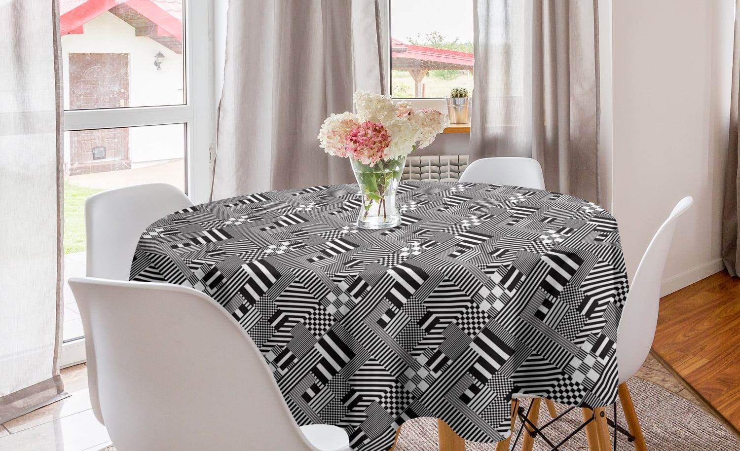 Black and White Round Tablecloth, Monochrome Stripes Squares Checkered ...