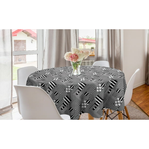 Black and White Round Tablecloth, Monochrome Stripes Squares Checkered