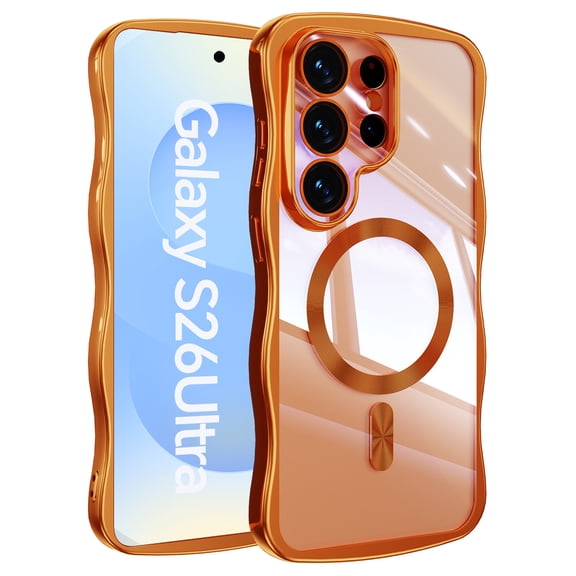 Poweltek Plating Case for Samsung Galaxy S26 Ultra, Shockproof Magnetic Cute Wave Frame Slim Lightweight TPU Rubber Phone Cover with Wireless Charging, Orange