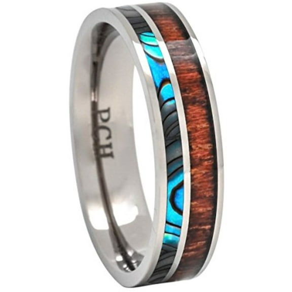 Titanium Hawaiian Koa Wood and Abalone Ring Comfort Fit 6mm Band (12.5)