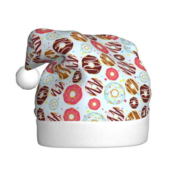 Fuzoiu Colorful Donuts Print Santa Hat Christmas Hat for Adults,Santa Hats with Pompom, Unisex Xmas Holiday Hat for Christmas New Year Festive Party Supplies