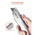 thumbnail image 3 of VEVOR Utility Knife, 2-Pack Retractable Box Cutter, with Aluminum Alloy Case, SK5 Blades and Handle, 3-Position Blade, 5 Blades, Heavy Duty Box Cutter for Leather, Card Board, Rubber Cables, Silver, 3 of 6