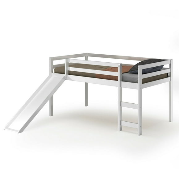 Gymax Twin Size Loft Bed with Slide Wood Low Sturdy Loft Bed for Kids Bedroom White