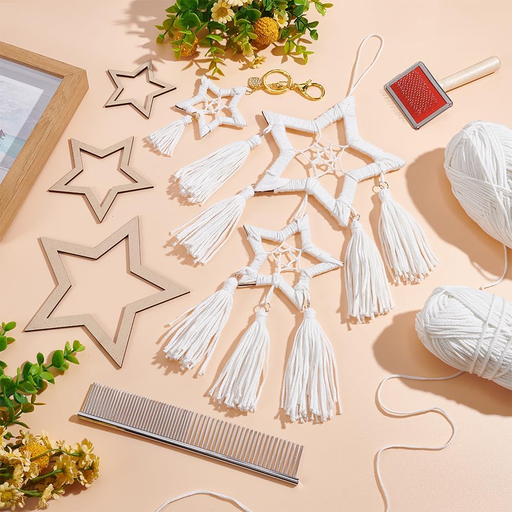 295 Yards/270m 2mm Premium Polyester Macrame Cord Crochet Thread Polyester Crochet Bag Yarn Kit with 6Pcs Wooden Star Frames 2Pcs Tassel Combs for Macrame Decorations DIY Crafts - White White