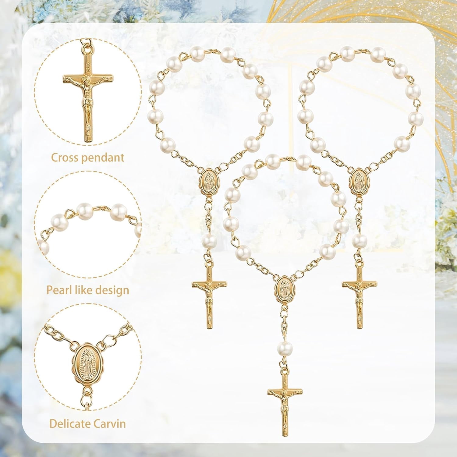 ABPETE Mini Rosary Baptism Favors,Gold Plated Ivory Acrylic Finger Rosary Beads with Faux Pearls for Christening, Communion & Wedding Party Gifts(30-Pack)