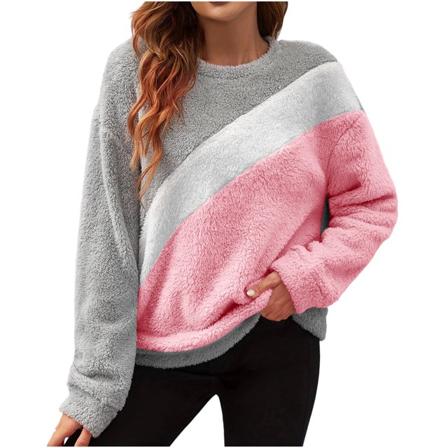 WRKEKC Chandails en Molleton pour Femmes Col Rond Manches Longues Couleur Unie Double-Polaire Chandail en Molleton Femmes Cozy Chandail pour Jours Frais