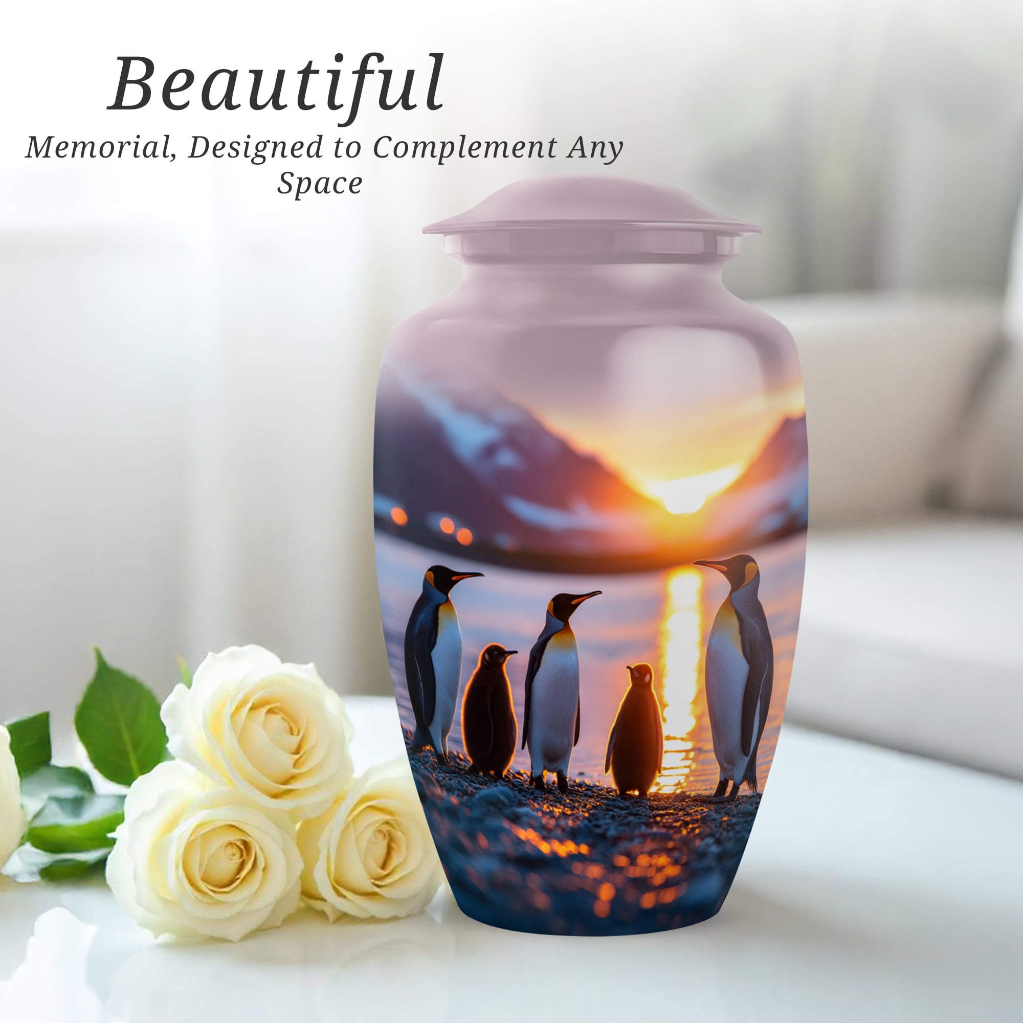 Penguins Funeral Urn For Human Ashes Adult Female, 1 Large & 4 Keepsake Small Cremation Urns For Human Ashes, Blue Urns For Adult Man And Women, Mini Urn For Mother And Father, 10&3 Inch