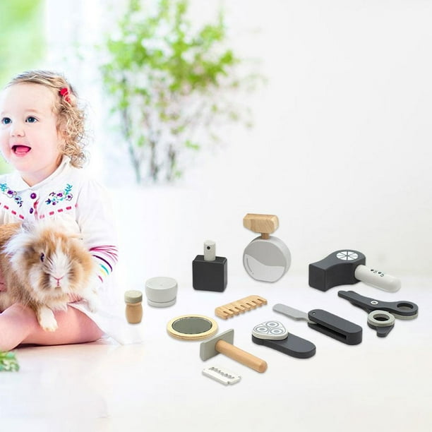 Juego Piezas de Juguetes de Madera para Salón , Secador de Pelo, Espejo Y Otras Herramientas de Peinado, Juguete para Niños Kit de maquillaje Salvador Fingir juguetes de maquillaje