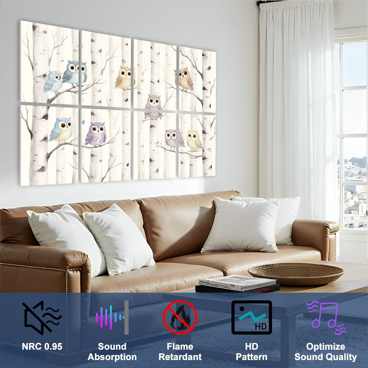 8 Pack Art Acoustic Panels Sound Absorbing Colorful Owls Sitting Branches Birch Tree Forest Decorative Soundproof Wall Panels Self Adhesive for Nursery Game Room Bedroom 48"x32"