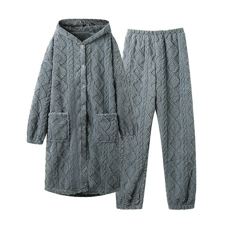 

Women s Coral Fleece Pajamas Sets Long Button Down Hooded Cardigan with Pants Fluffy Cozy 2 Piece Pjs Set Homewear Womens Clothes