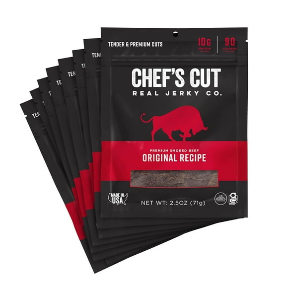 Chef's Cut Beef Jerky, Original, High Protein Meat Snack, 10g of Protein and 90 Calories, Gluten Free, Premium Lean Smoked Beef - 2.5 Ounce (Pack of 8)