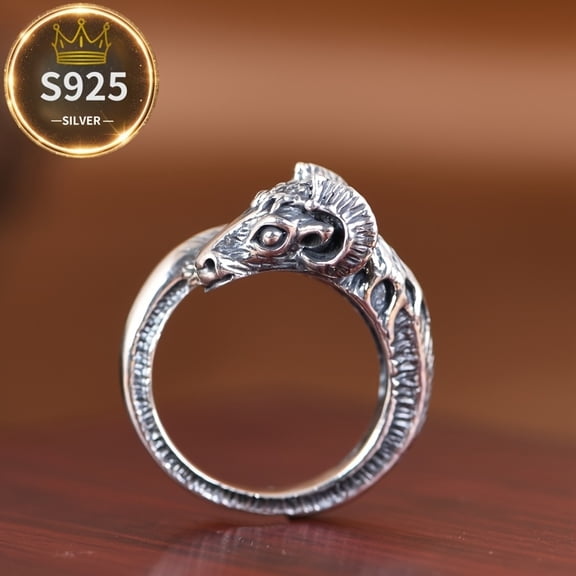 Vintage Ethnic Style Aries Goat Head Pure Ring, S925 Silver Personality Trendy Open Ring, Same Ring for Men and Women, Silver,925 Silver