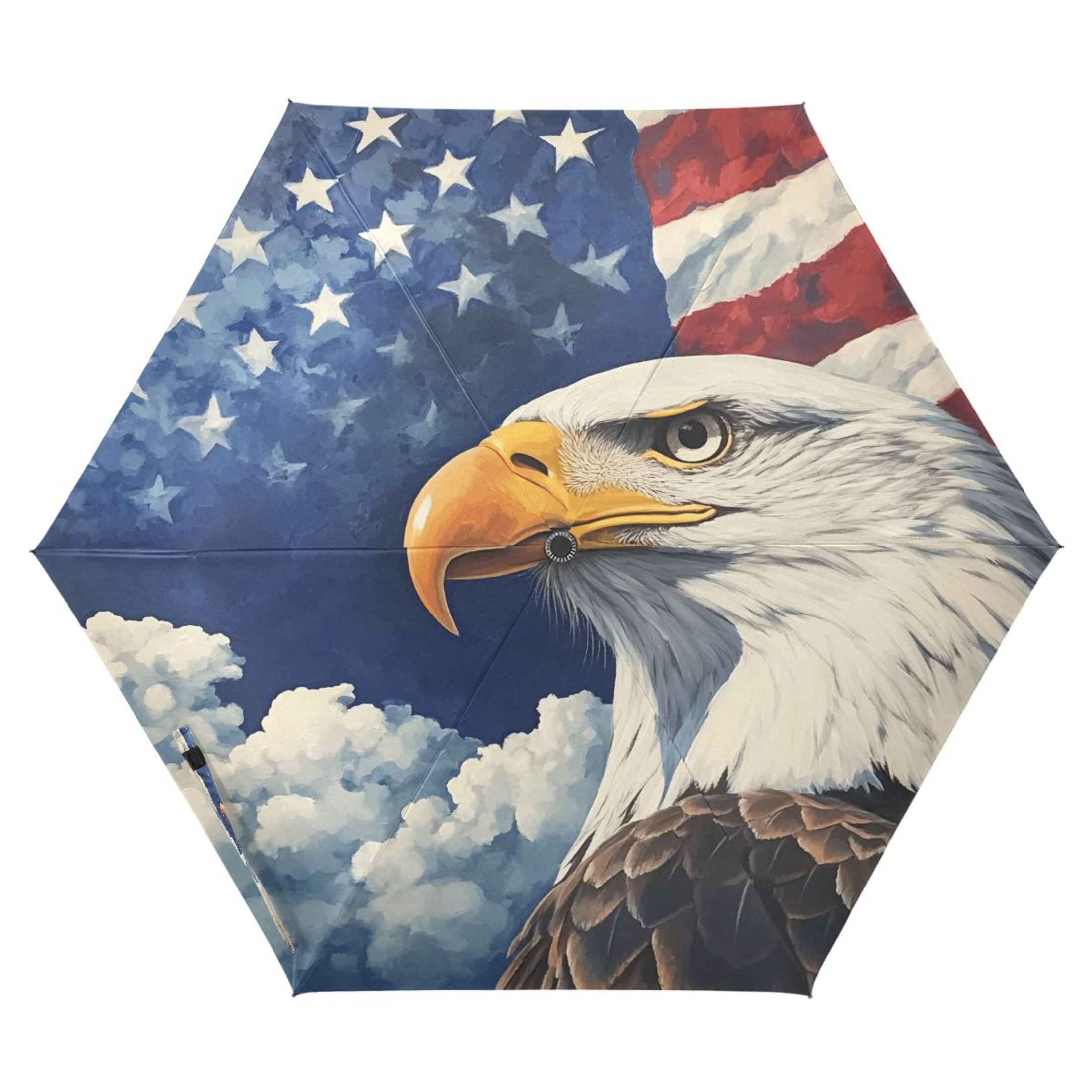 Compact Sun Umbrella Windproof Travel Umbrellas for Rain Strong Portable UV Protection American Flag and Eagle