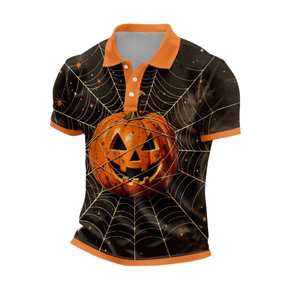 JULMCOMO Halloween Polo Shirts for Men Pumpkin Skull Spider Web Print Short Sleeve Collared Trendy Loose Fit Golf Shirts Party Graphic Tees Brown M