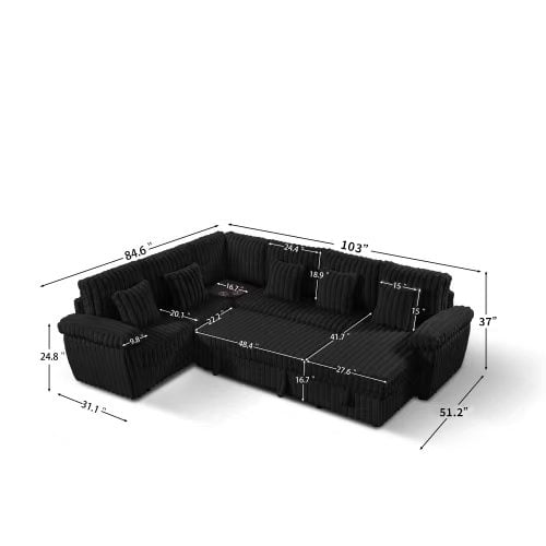 Howcool Modular Sectional Sleeper Sofa with Pull-Out Bed, U-Shaped Convertible 7-Seat Cloud Couch with Storage Chaise & USB Port Corner Coffee Table, Plush Corduroy Sectional for Living Room, Black