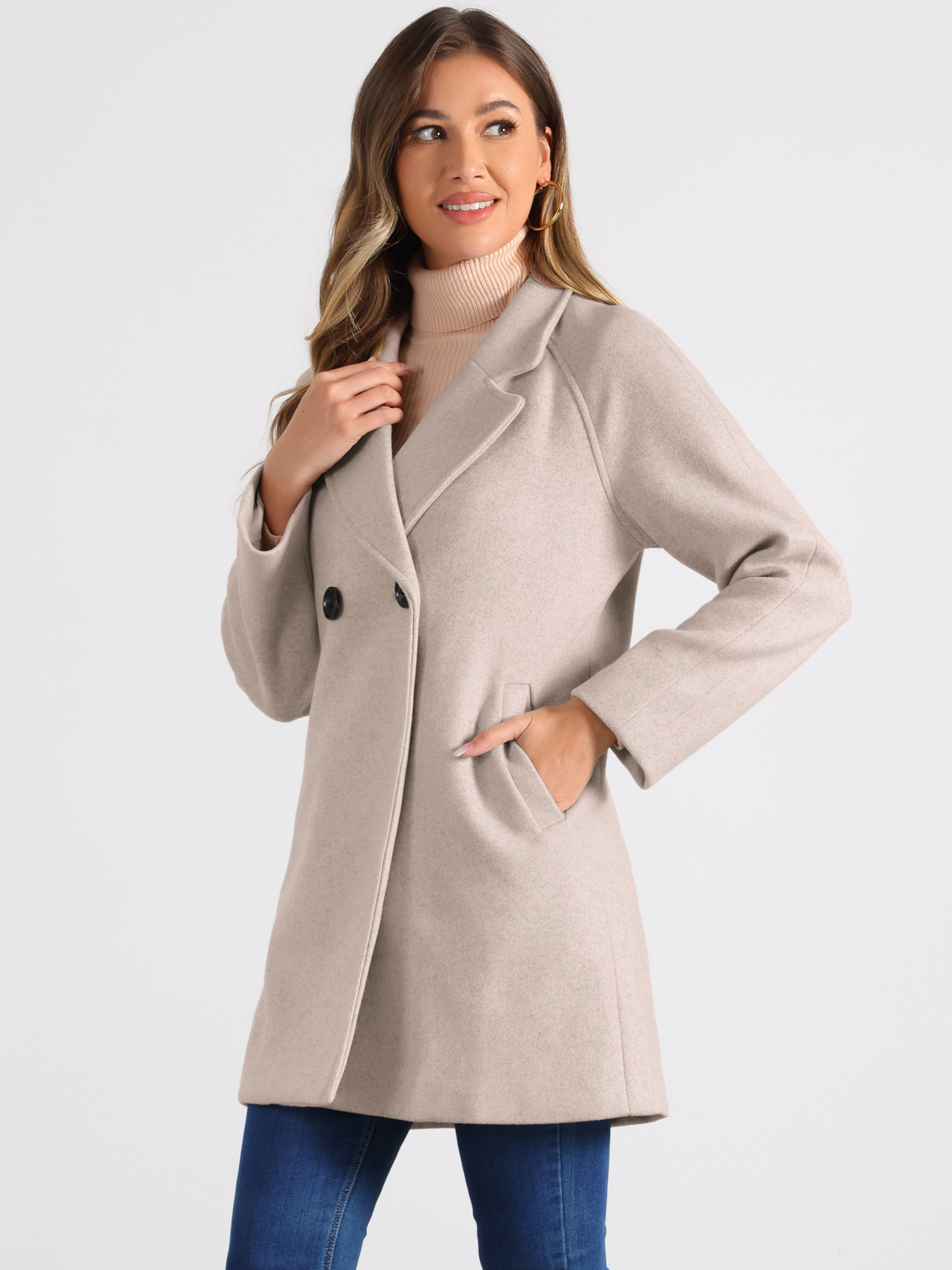 DARING DIVA Women's Notched Lapel Double Breasted Raglan Sleeve Coat Light Grey S