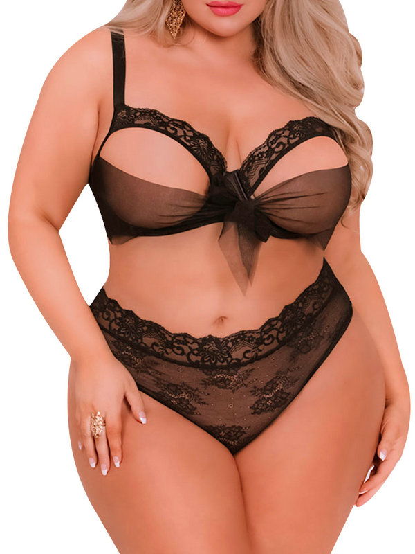 custom size lingerie see through lingerie Black plus size lingerie with lace bralette and sheer panties plus size bra and panties