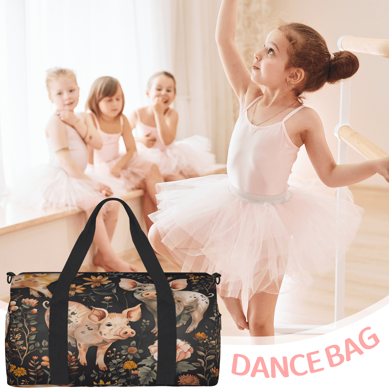 Herdesigns Floral Pig Animal Gym Bag for Women, Duffle Bag for Travel Sport, Lightweight Waterproof Carry on Weekender Overnight Dance Yoga Workout Bags
