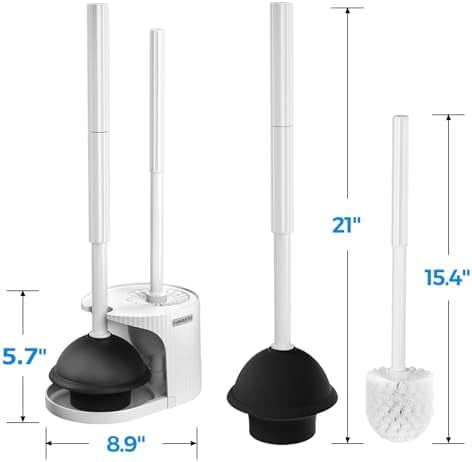 2Pack 2 in 1 Toilet Brush and Plunger Set, Extended Handle Plunger，Toilet Bowl Brush Plunger Set,Bathroom Cleaning Tools ，Toilet Brush Plunger Combo，Cleaning Brush，Cleaning Supplies(White)