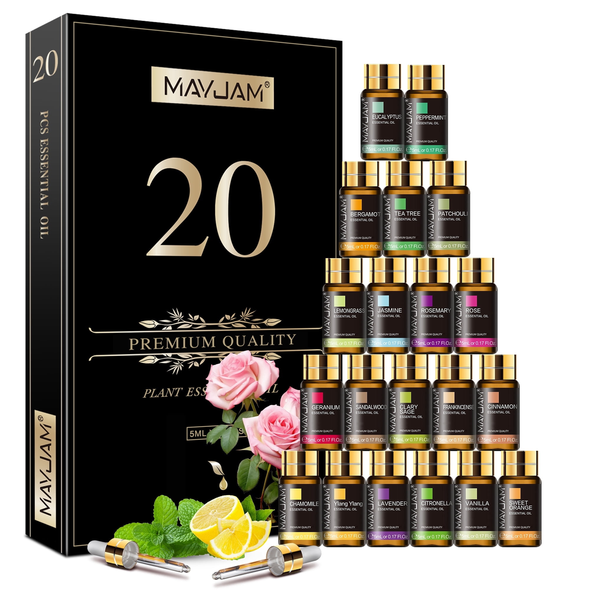 MAYJAM 20 Pack Essential Oil Gift Set for Diffusers for Home, 5ML Assorted Classic Scents for Humidifiers DIY Car Freshies Candle Soap and Bath Bomb Making