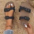 thumbnail image 3 of Womens Sandals Buckle Lightweight Slides Memory Foam Cork Footbed Flat Sandals Non Slip Ring Toe Beach Slide Black Size 6.5, 3 of 5