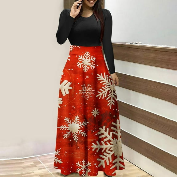 WXLWZYWL Women's Christmas Dresses Casual Vintage Print Round Neck Long Sleeve Dress Outs Fall Winter Dresses Loose Maxi Dresses